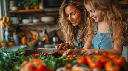 Mother and daughter cooking together in modern kitchen. Overjoyed mom have fun with girl at home, happy young mother teach cook together with daughter in modern kitchen. Cook concept. Family concept. 