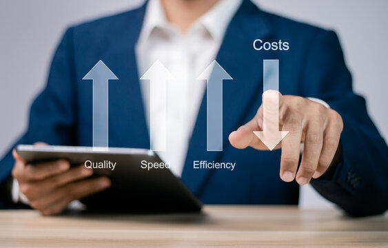 Efficiency business concept. Businessman use laptop to analyzing performance to increase quality, speed, efficiency, and reduce costs. Business performance management and improvement.