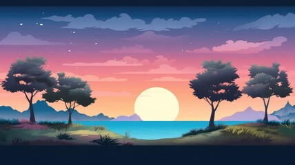 cartoon sunset over a lake with silhouetted trees under a vibrant sky