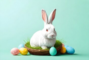 Easter poster and banner template with a white rabbit inside a easter egg on light green background