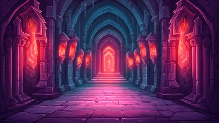 cartoon mystical castle corridor, aglow with torches, leading to an enchanting door - obrazy, fototapety, plakaty
