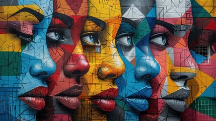 Fototapeta premium Urban Artistry: A vibrant and colorful street mural depicting geometrically fragmented portraits. This captivating graffiti art blends abstract and realistic elements, showcasing expressive eyes and v