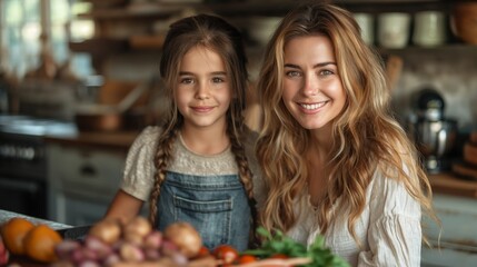 Mother and daughter cooking together in modern kitchen. Overjoyed mom have fun with girl at home, happy young mother teach cook together with daughter in modern kitchen. Cook concept. Family concept. 