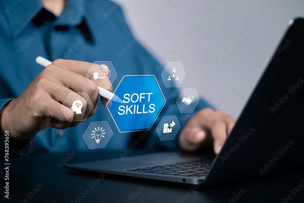 Poster soft skills hr concept. businessman with soft skills icon for interpersonal skills interacting with 
