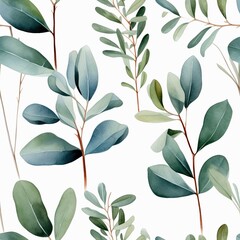 Eucalyptus Leaves, Detailed watercolor eucalyptus branches, Seamless pattern illustration