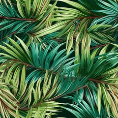 Palm Leaves, Tropical palm fronds swaying in the breeze, Seamless pattern illustration