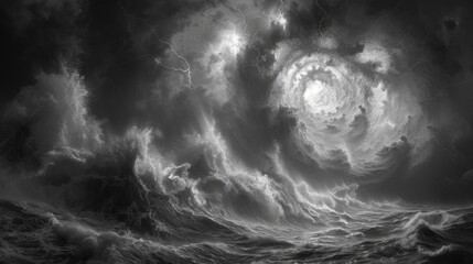 Naklejka na ściany i meble A dramatic black and white photograph of a coastline with turbulent waves crashing against the shore in the midst of a hurricane illuminated by flashes of lightning and a