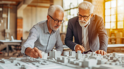Two older men in business attire examining a large architectural model of a city layout in a bright office