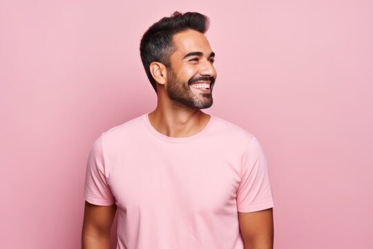 Portrait of happy young indian man in pink t-shirt against pink background