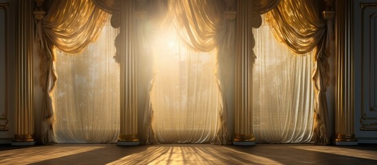 The sunlight filters through the curtains in a room with wooden columns, casting shadows on the hardwood floor and creating a beautiful play of tints and shades