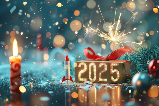 Happy new year 2025 fireworks gift box confetti text , image