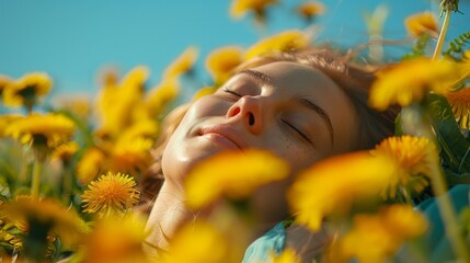Serene scene of person lying blissfully among vibrant yellow dandelions under clear skies