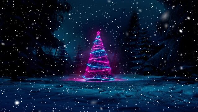 Christmas tree. Looped Christmas snow. Midnight snowfall. Neon. Noel. Loop. Generative AI.