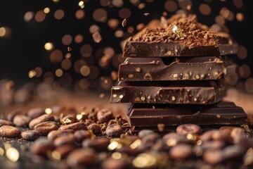 A luxurious display of chocolate bars stacked with shimmering bokeh lights highlighting its richness