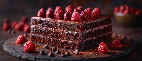Elegant chocolate cake with multiple layers, raspberries adorning the top, on a slate board