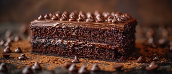 Mouthwatering close-up of chocolate cake slice with rich ganache and chocolate drops on wooden...