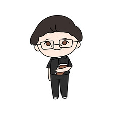 A cartoon boy wearing glasses and a black shirt holding a book. The boy is smiling and he is happy