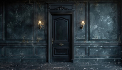 Black door and wall background, dark room with old lamps, interior design of Victorian mansion. Created with Ai - obrazy, fototapety, plakaty