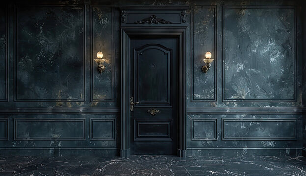 Black door and wall background, dark room with old lamps, interior design of Victorian mansion. Created with Ai