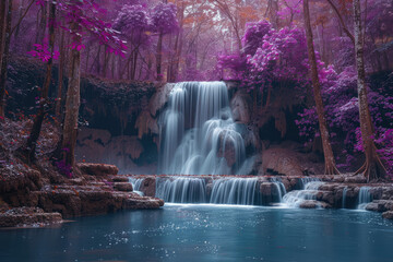 Beautiful waterfall in a purple forest, with an amazing natural background, viewing a fantasy world. The scene is in the style of nature. Created with Ai