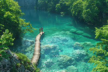The emerald green lake water of Huj terminator is surrounded by dense forests, with clear and transparent crystal blue waters. Created with AI - obrazy, fototapety, plakaty