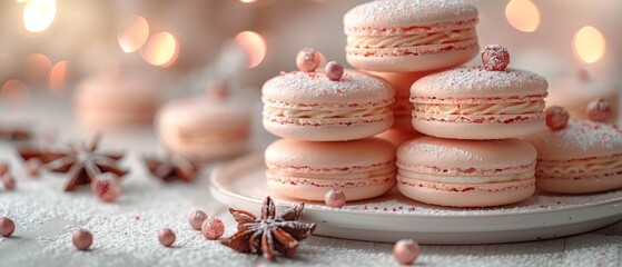 Plate of delicate macarons sprinkled with sugar among festive decorations, conveying a sense of celebration - obrazy, fototapety, plakaty