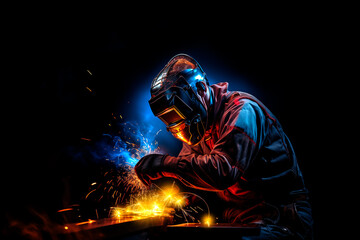 A man in a welding suit and mask is working on a piece of metal - obrazy, fototapety, plakaty