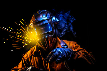 A man in a welding helmet is surrounded by sparks and smoke