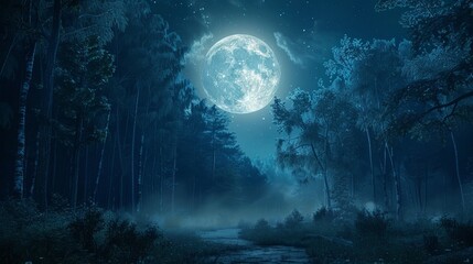 Mystical Nightscape, Enchanted Forest Bathed in Moonlight's Ethereal Glow