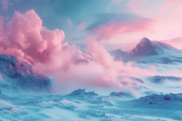 A picture capturing the unusual beauty of pink clouds floating over a serene, snow-covered landscape