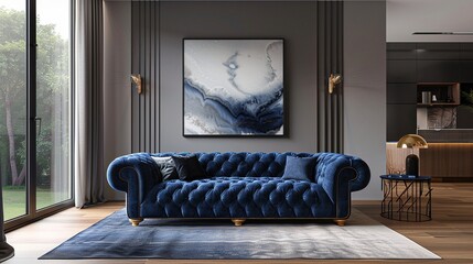 A 3D rendering of a classic modern home featuring a luxurious sofa, its rich dark blue fabric contrasting beautifully against light wooden floors, set in a living room where minimalist art adorns the 