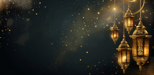 Majestic Ramadan Charm of Black and Gold Background Featuring Ornate Gold Lanterns with Copyspace