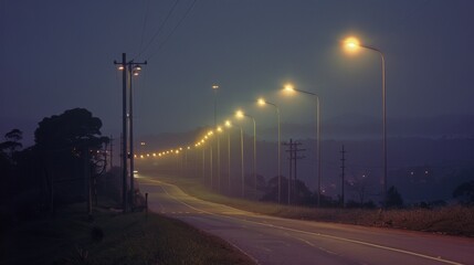 A row of solarpowered streetlights illuminating a oncedark road making it safer for people to navigate through during postdisaster . AI generation. - obrazy, fototapety, plakaty