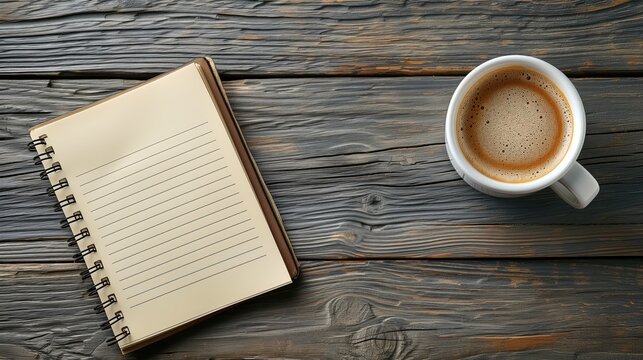 Blank Journal Pages and Coffee in the Morning, Rustic Top Down View with Copy Space for Text, Cafe Espresso Tea Beverage Advertising, Book Concept