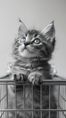 A minimalist artwork focusing on a serene cartoon cat sitting calmly in a sleek shopping cart, gazing out with wide, curious eyes at an unseen display of cat accessories, rendered against a stark whit