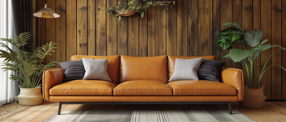 Leather sofa and décor in an interior living room wall mockup against a wooden wall backdrop.3d rendering