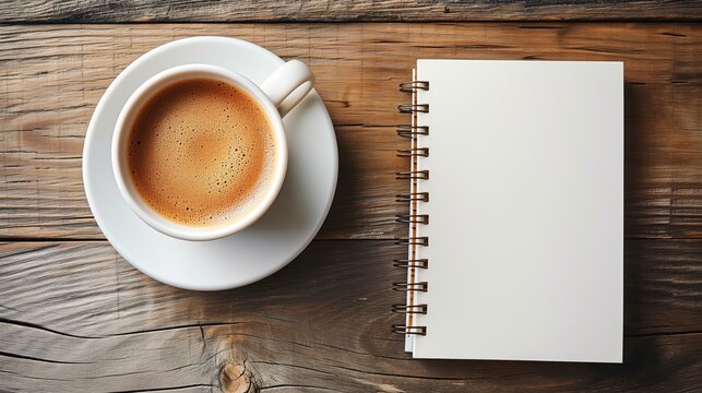 Blank Journal Pages and Coffee in the Morning, Rustic Top Down View with Copy Space for Text, Cafe Espresso Tea Beverage Advertising, Book Concept