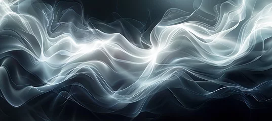 Fototapeten  Abstract white glowing waves on black background, smoke or mist effect. Created with Ai © Creative Stock 