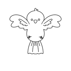 A white bird with black beak and feet is flying in the air