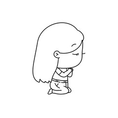A girl is kneeling down and praying. She is wearing a shirt and jeans. The image is in black and white