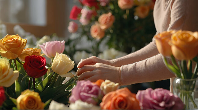 Close-up image of florist's hands correcting a bouquet in a flower shop.generative.ai