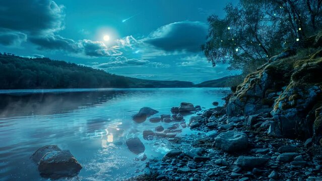 Nocturnal Symphony: Immersive Visuals of a Beautiful Lake at Night. Seamless looping time-lapse virtual 4k video animation background