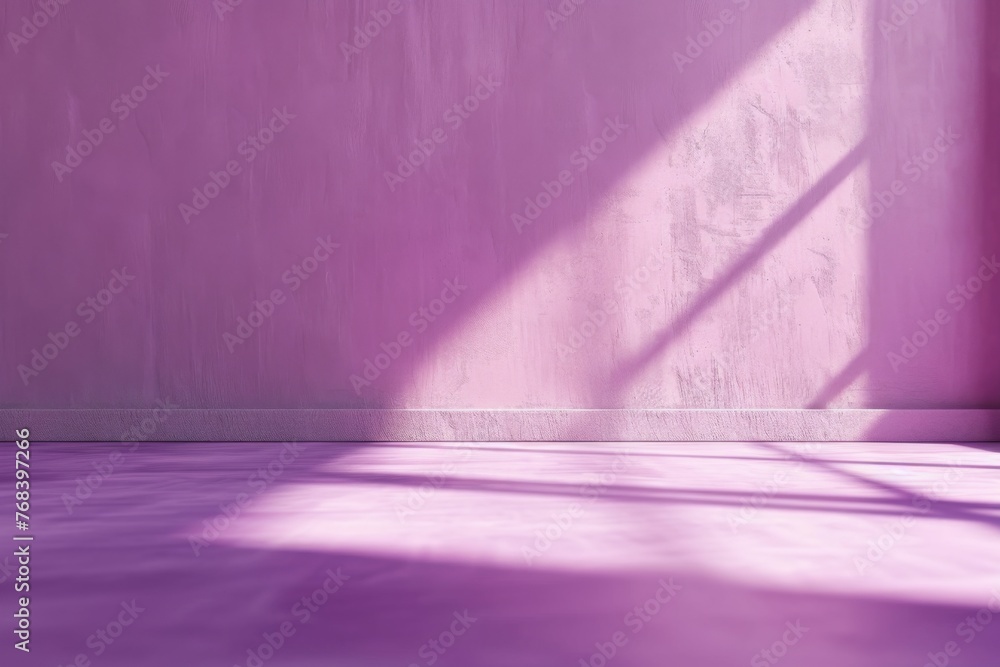 Poster 3d render of an empty minimal light purple wall with a soft shadow and sun rays in the background