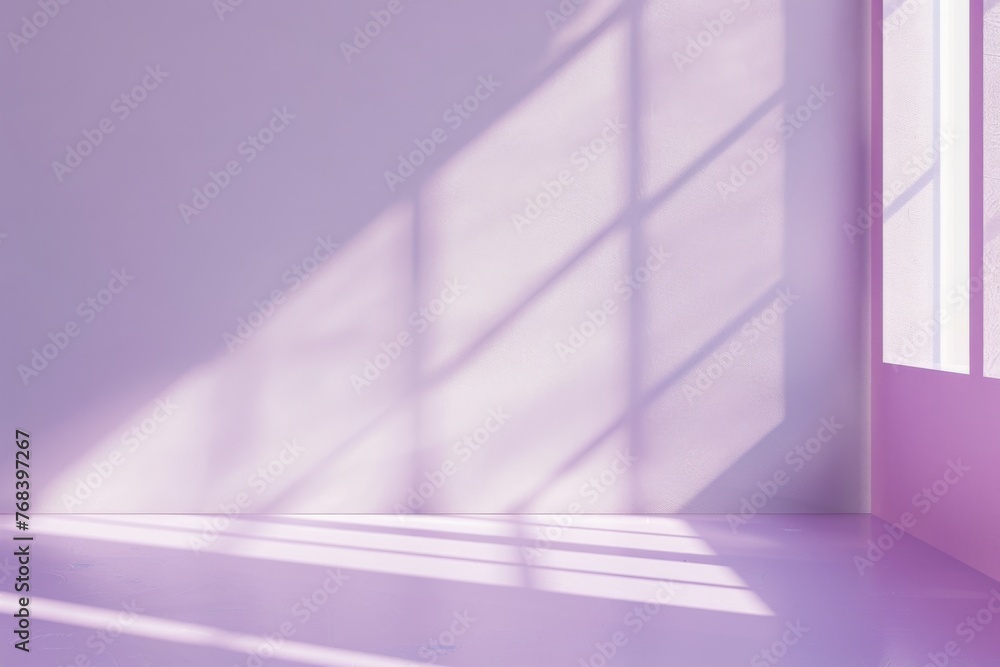 Poster 3d render of an empty minimal light purple wall with a soft shadow and sun rays in the background