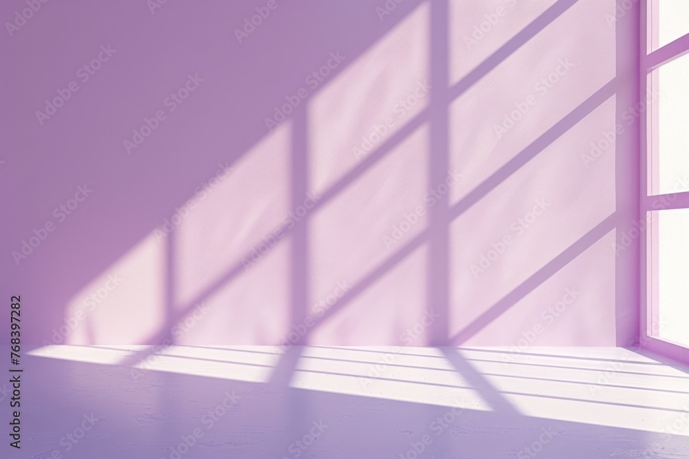 Poster 3d render of an empty minimal light purple wall with a soft shadow and sun rays in the background