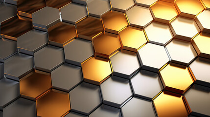 A metallic-themed background with hexagonal cells in shades of silver and gold, giving a luxurious and high-tech feel to the abstract geometric design background Ai Generative