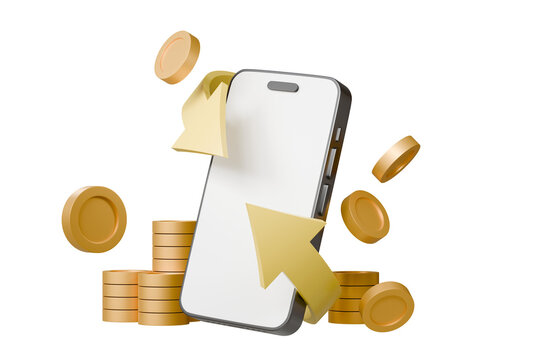 3d Smartphone or mobile phone with arrow curve around gold coin icon. isolated on white background, Business investment concept. Minimal mobile blank white screen mockup. 3D rendering illustration.