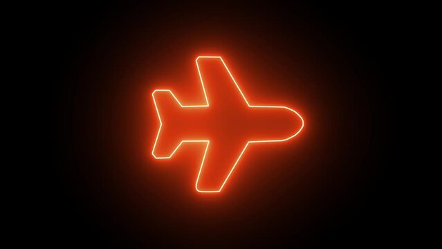 Neon Lights Airplane Animation. Glowing Light Plane Icon Illustration. Air transportation element.Neon light icon plane animation on black background.