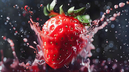 Splashing Strawberry in High Definition with Water Droplets - obrazy, fototapety, plakaty