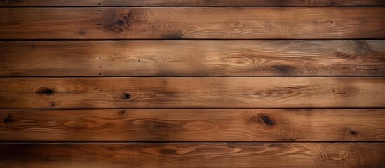 A closeup shot of a brown hardwood wall with a blurred background. The wooden planks are stained and varnished, showcasing a beautiful pattern of rectangles - obrazy, fototapety, plakaty